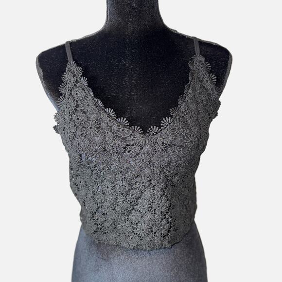 H&M Medium Black Lace Crop Tank Bralette Cami Floral Crochet Boho Coquette - Picture 5 of 7